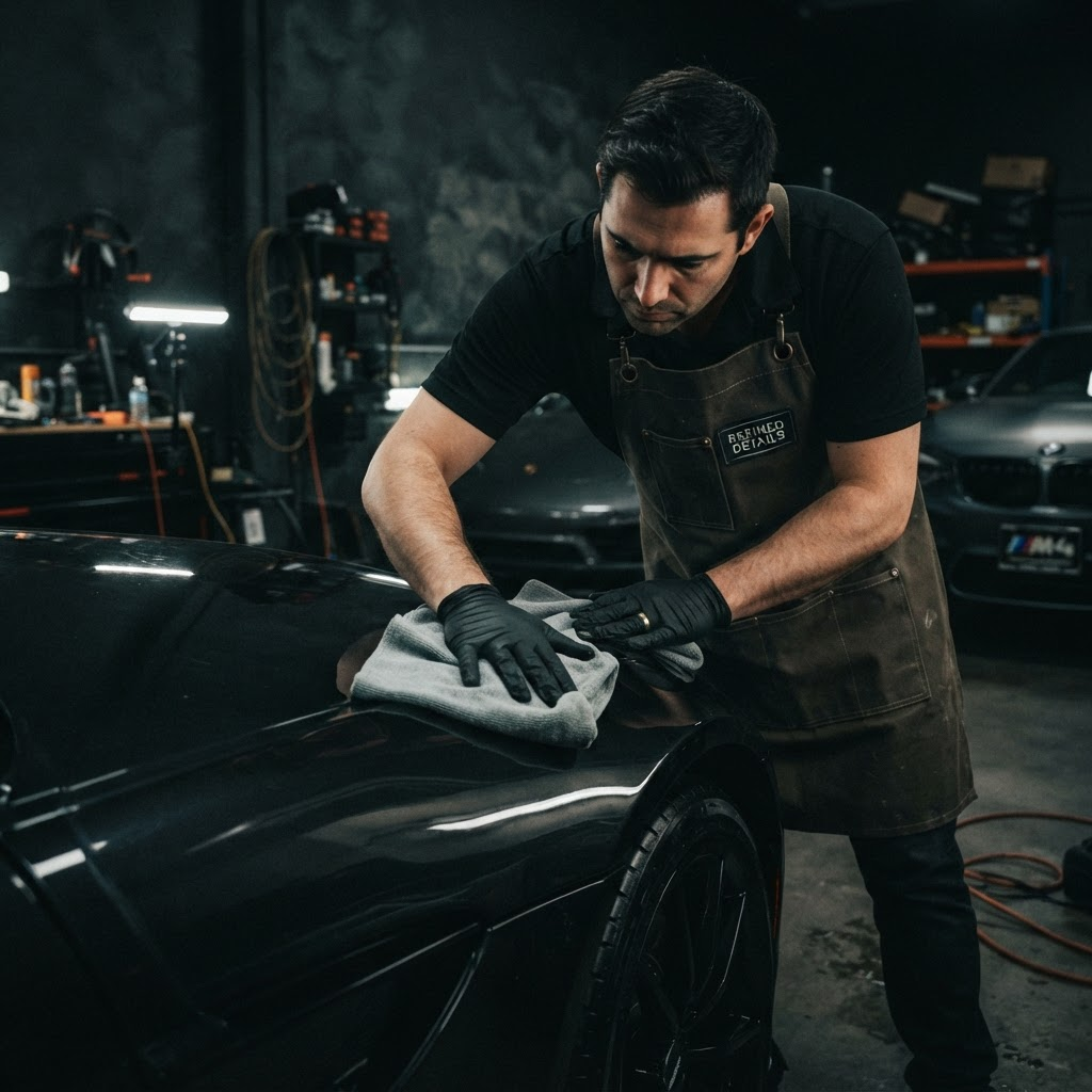 A detailer carefully working on a vehicle surface